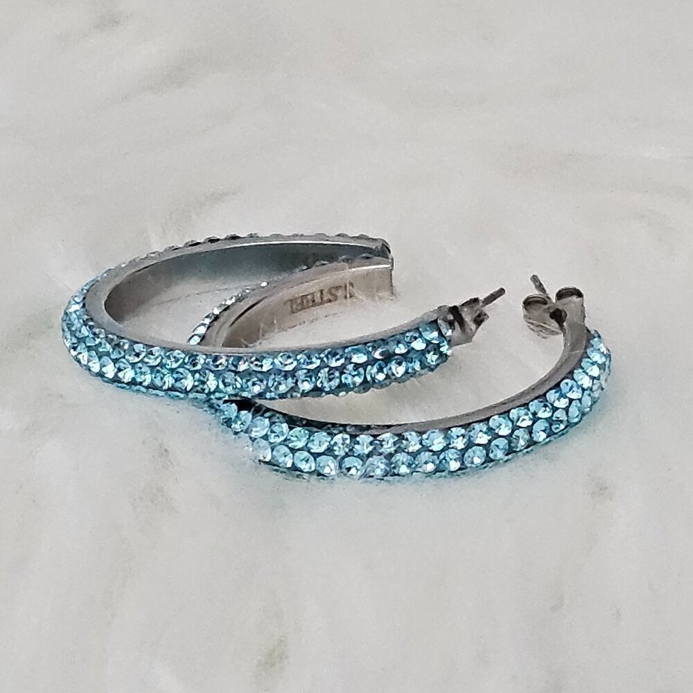 🏆Blue Crystal Stainless Steel Stud Half Hoop Earrings NEW